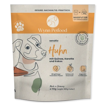 Wynn Petfood Verpackung mit "sensitiv Huhn" Hundefutter mit Quinoa, Karotte und Kokosnuss; hergestellt in Deutschland, 110g Portion.