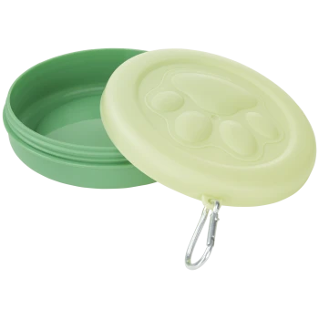 Faltbare grüne Silikon-Reiseschüssel für Haustiere mit Pfoten-Deckel und angebrachtem silbernem Karabiner.