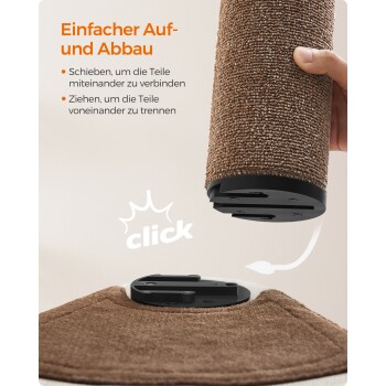 Eine Hand hält einen braunen Kratzbaum mit schwarzem Sockel, mit Text auf Deutsch: "Einfacher Auf- und Abbau" und Montageanleitung.