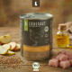 Dose Liebesgut Bio-Huhn für Welpen mit BIO-Siegel, Hühnerskizze, Apfelscheiben, Getreide, Öl und rohem Fleisch.