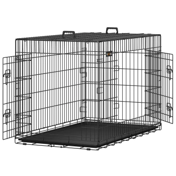 S-XXXL Hundekäfig mit 2 Türen 1,22 m, 74,5 cm, 80,5 cm Schwarze Metall-Haustierbox mit zwei Türen, einem abnehmbaren Kunststofftablett am Boden und Griffen oben für einfachen Transport.