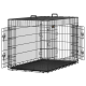 Schwarze Metall-Haustierbox mit zwei Türen, einem abnehmbaren Kunststofftablett am Boden und Griffen oben für einfachen Transport.