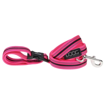 LEINE NEON ClIP-IT grau/ rosa Helle pinke Hundeleine mit schwarzen und grauen Streifen, mit einem stabilen Clip und einem Markenetikett, das "DOOG" liest.