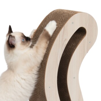 Ein moderner Katzenkratzbaum aus natürlichem Holz und strukturiertem Karton, entworfen für das Spielen und Kratzen von Katzen.