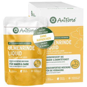 AniForte Ulmenrinde Liquid-Tüte und -Schachtel, gelb/weiß, Badge ‚Ohne Aufkochen‘ und Aufschrift ‚Für Magen & Darm‘