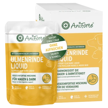 AniForte Ulmenrinde Liquid-Tüte und -Schachtel, gelb/weiß, Badge ‚Ohne Aufkochen‘ und Aufschrift ‚Für Magen & Darm‘