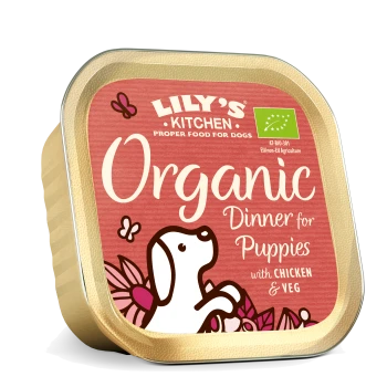 Lily's Kitchen Organic Dinner for Puppies with Chicken & Veg dog food container with dog and butterfly illustration.