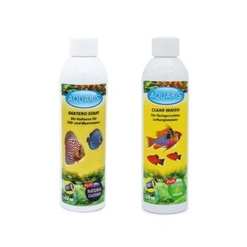 Zwei AQUARIS-Flaschen: "BAKTERO START" für Bio-Kulturen und "CLEAR WATER" mit Vitamin B für fischsicheres Leitungswasser.