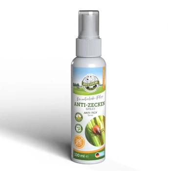 Flasche Bellfor Anti-Zecken-Spray, 100 ml, mit einem Zecken-Grafik und grünem Gras-Hintergrund, auf Deutsch beschriftet.