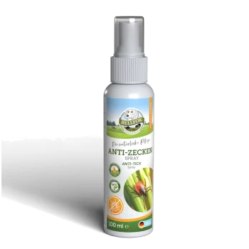 Flasche Bellfor Anti-Zecken-Spray, 100 ml, mit einem Zecken-Grafik und grünem Gras-Hintergrund, auf Deutsch beschriftet.