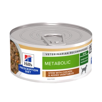 Hill's Prescription Diet Metabolic hondenvoerblik, met een stoofpot met kip en toegevoegde groenten, gelabeld als door dierenartsen aanbevolen.