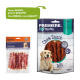 Zwei Packungen Premiere Hundekausnacks mit Entengeschmack, ein altes und ein neues Design, mit einem Bild eines Golden Retrievers.