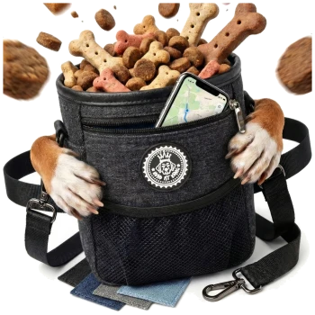 Eine stilvolle schwarze Tragetasche für Haustiere mit einem Kordelzug oben, mit einer Netztasche und einem runden Logo. Erhältlich in mehreren Farben.