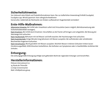 Sicherheitsanweisungen und Erste-Hilfe-Maßnahmen für ein Haustierpflegeprodukt, einschließlich Warnungen über Eucalyptol und Kontaktvorkehrungen.