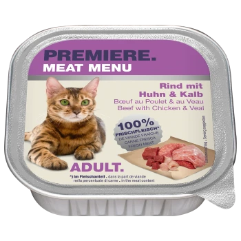Kattenvoer verpakking met een Bengaalse kat, gelabeld 'Premiere Meat Menu', met 'Rind mit Huhn & Kalb' en '100% Frischfleisch.'