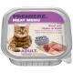Emballage de nourriture pour chat mettant en vedette un chat Bengal, étiqueté "Premiere Meat Menu," avec "Rind mit Huhn & Kalb" et "100% Frischfleisch."