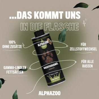 Schwarze Flasche von ALPHAZOO Nachtkerzenöl mit Pfotenabdruck-Design, beschriftet mit "100% ohne Zusätze," "Gamma-Linolen Fettsäuren," und "für alle Rassen."