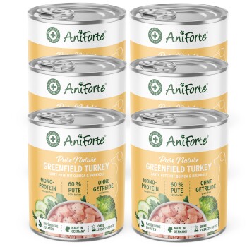 Dosen von AniForte PureNature Greenfield Truthahn Hundefutter, mit Truthahnfleisch, Quinoa, Brokkoli und Gemüse, mit Etiketten auf Deutsch.