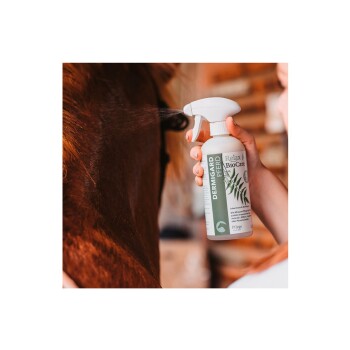 Eine Person sprüht den Hals eines braunen Pferdes mit einer Flasche, die mit 'DERMIGARD PFERD Relax BioCare' beschriftet ist, mit einem Blätterdesign.
