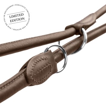 Braune Lederleine für Hunde mit silbernen Ringen, mit einem Stempel "LIMITED EDITION" in der oberen linken Ecke.