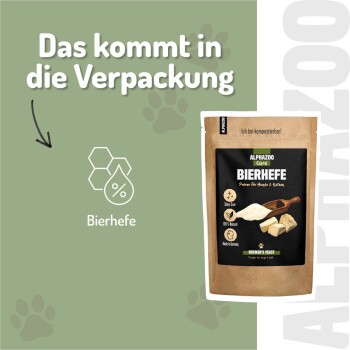 Verpackung des "Bierhefe" Haustierergänzungsmittels von Alphazoo, mit natürlichen Vitaminen, umweltfreundlicher Verpackung und geeignet für alle Rassen und Altersgruppen.