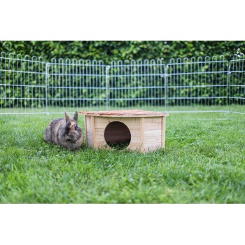 Ein brauner und grauer Kaninchen sitzt neben einem Holzkaninchenhaus mit einem runden Eingang, umgeben von grünem Gras und einem Drahtzaun.