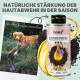 Flasche mit kaltgepresstem Schwarzkümmelöl, die 100% Reinheit und ein veganes Etikett zur Verbesserung des natürlichen Hautschutzes zeigt.