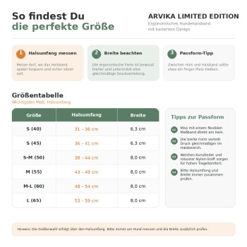Arvika Limited Edition Hundehalsband-Größentabelle auf Deutsch zeigt Halsumfang (cm), Breiten und Passform-Tipps.