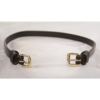 Ein brauner Leder-Haustierhalsband mit goldenen Schnallen, flach auf einer weißen Oberfläche ausgelegt.