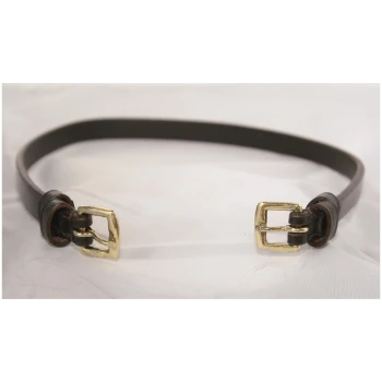 Ein brauner Leder-Haustierhalsband mit goldenen Schnallen, flach auf einer weißen Oberfläche ausgelegt.