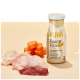 Eine Flasche 'SmoothieCat Huhn' Katzensnack, umgeben von Stücken rohen Huhns und geschnittenen Karotten, mit einem Text, der hervorhebt, dass es 100% natürlich ist.