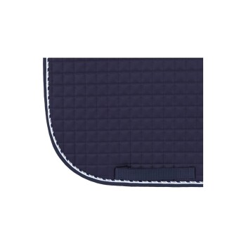 Marineblaue, gesteppten Haustierdecke mit weißem Rand, mit einem gestickten Muster und einem kleinen Griff an der Seite.