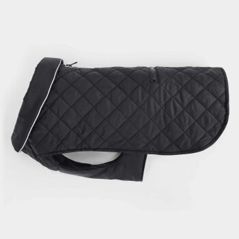 Schwarzer gesteppten Hundemantel mit einem Reißverschluss und einem runden Kragen, entworfen für Wärme und Komfort.