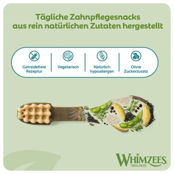 Whimzees zahnbürstenförmiger Hundekauartikel; deutsche Überschrift 'Tägliche Zahnpflegesnacks...' und Symbole, die Produktvorteile zeigen