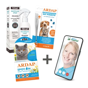 Haustierpflegeprodukte: FeliSept Katzenspray, ARDAP Zeckenentfernungstools, Floh- und Zecken Spot-On, plus ein Smartphone mit einer Tierarzt-Telemedizinberatung.