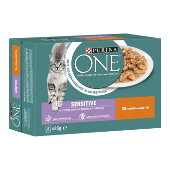 Die Verpackung von Purina ONE Sensitive Katzenfutter zeigt eine graue Katze und eine Schüssel mit Huhn und Karotten mit dem Text "Sichtbare Gesundheit für heute und morgen."