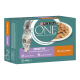 Die Verpackung von Purina ONE Sensitive Katzenfutter zeigt eine graue Katze und eine Schüssel mit Huhn und Karotten mit dem Text "Sichtbare Gesundheit für heute und morgen."