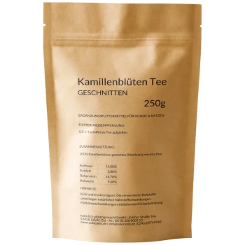 Braune Papiertüte mit der Aufschrift 'Kamillenblüten Tee' für Haustiere, 250g, mit Fütterungsempfehlungen und Zusammensetzungsdetails.