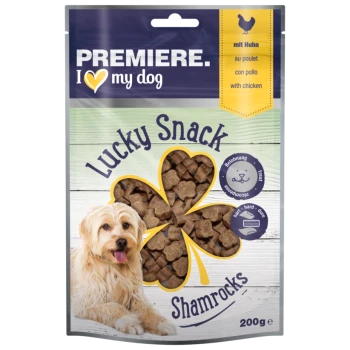 Premiere I Love My Dog Lucky Snack Shamrocks Hundesnacks, 200g, mit herzförmigen Kroketten und einem Kleeblatt-Design auf der Verpackung.