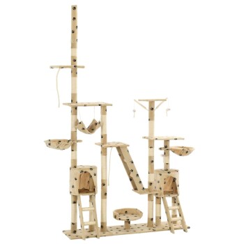 Katzenbaum mit mehreren Ebenen, Hängematten und Kratzpfosten, in beige mit schwarzen Pfotenabdruckmustern.