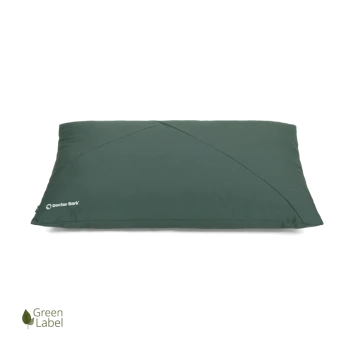 Grünes Haustierbett mit einem eleganten Design, das das Logo "Doctor Bark" und ein "Green Label" Emblem zeigt.