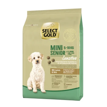 Sensitive Mini Senior Lam & Rijst 1 kg Select Gold Mini Senior hondenvoer zak, 5-10 kg, voor honden ouder dan 8 jaar. Bevat 'Sensitive' formule met lam en rijst.