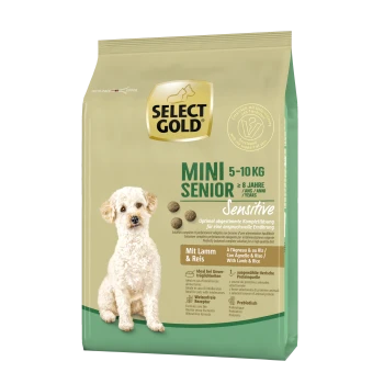 Select Gold Mini Senior Hundefutterbeutel, 5-10 kg, für Hunde über 8 Jahre. Enthält die "Sensitive"-Formel mit Lamm und Reis.