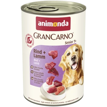 Animonda GranCarno Senior 7+ Hundefutterdose mit der Aufschrift 'Rind + Lamm / Beef + Lamb', zeigt Fleischstücke und ein Bild eines Golden Retrievers