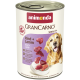 Animonda GranCarno Senior 7+ Hundefutterdose mit der Aufschrift 'Rind + Lamm / Beef + Lamb', zeigt Fleischstücke und ein Bild eines Golden Retrievers