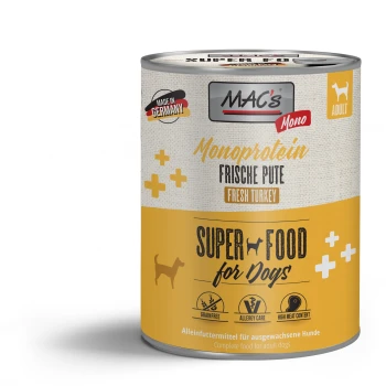 Dosenfutter für Hunde mit der Aufschrift "MAC's Mono Monoprotein Frischpute," mit einem gelben und beigen Design, das getreidefrei und mit hohem Fleischanteil bewirbt.