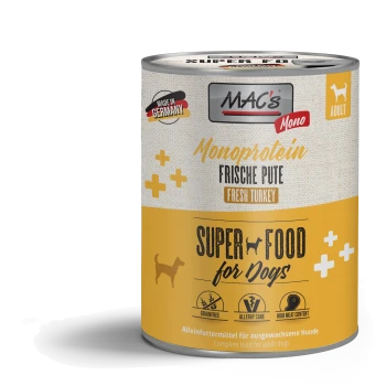 Dosenfutter für Hunde mit der Aufschrift "MAC's Mono Monoprotein Frischpute," mit einem gelben und beigen Design, das getreidefrei und mit hohem Fleischanteil bewirbt.