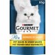 Biały puszysty kot na niebieskim tle, z opakowaniem karmy dla kotów Purina Gourmet, 85g, oznaczonym "Perle" z tekstem w języku niemieckim.