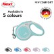 Flexi retractable dog leash in turquoise, labeled "NEW COMFORT," available in 5 colors, featuring a silver clip and logo.
