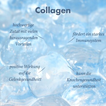 Bild eines Kollagenprodukts mit Text, der Vorteile hervorhebt: fördert ein starkes Immunsystem, unterstützt die Gelenkgesundheit und hilft der Knochengesundheit.
